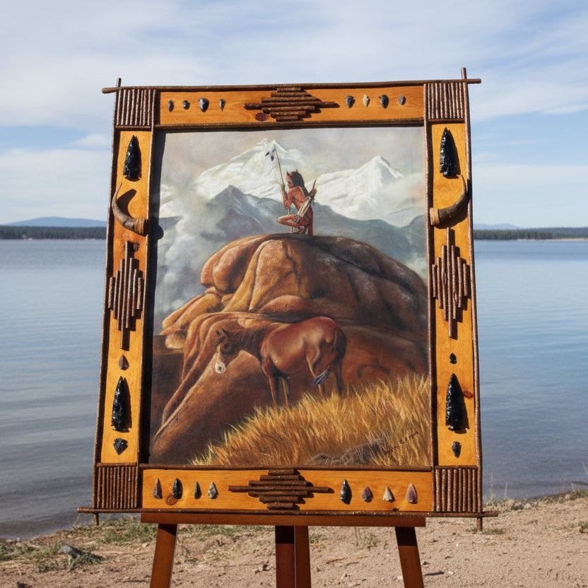 original Shirley C Capra oil painting featuring Navajo Indian warrior and horse in handcrafted rustic wooden frame with arrowheads antlers feathers and natural stone accents