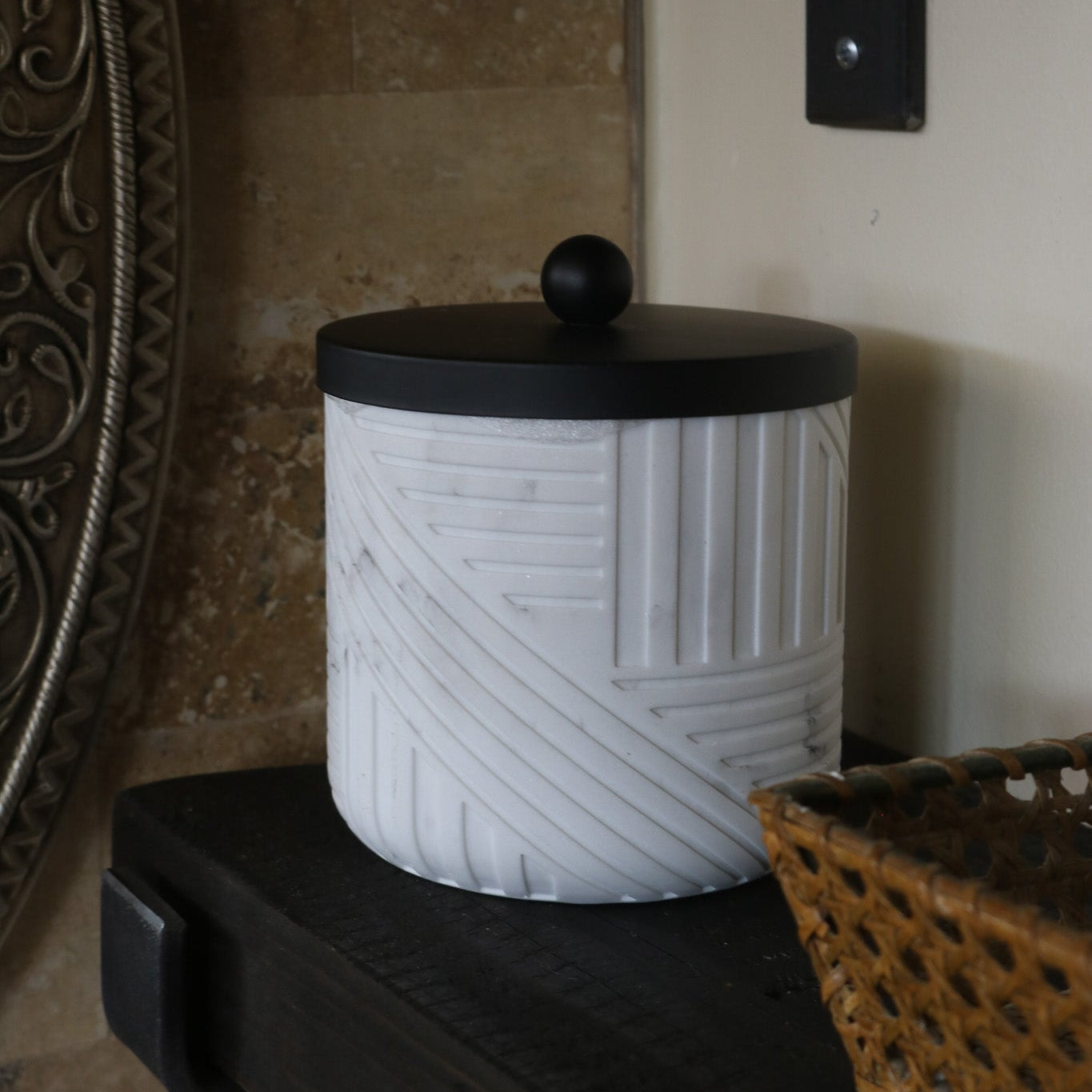 The Natural Project Brand Marble Q-Tip Dispenser Apothecary Jar
