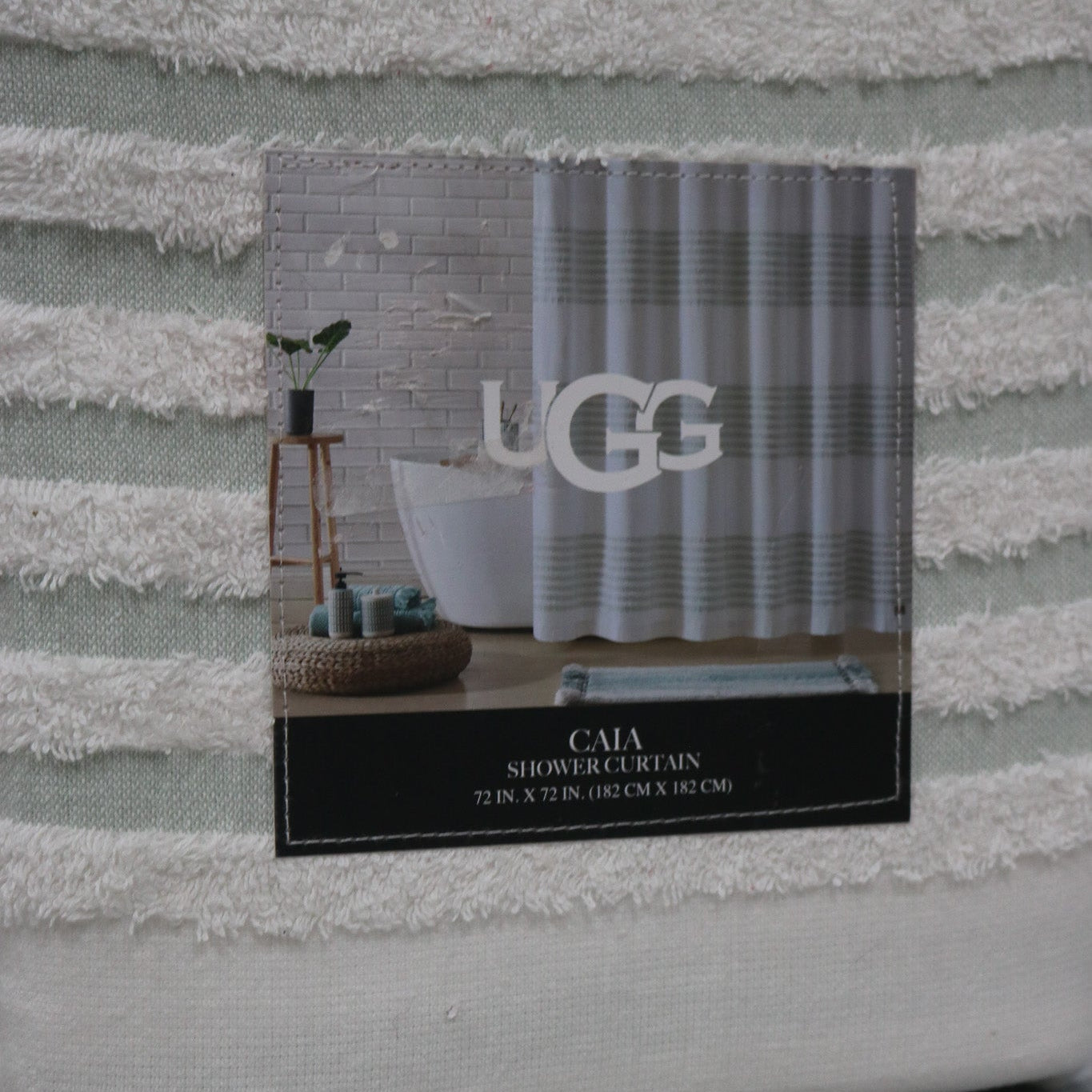 UGG Shower Curtain White with Seafoam Green Stripes
