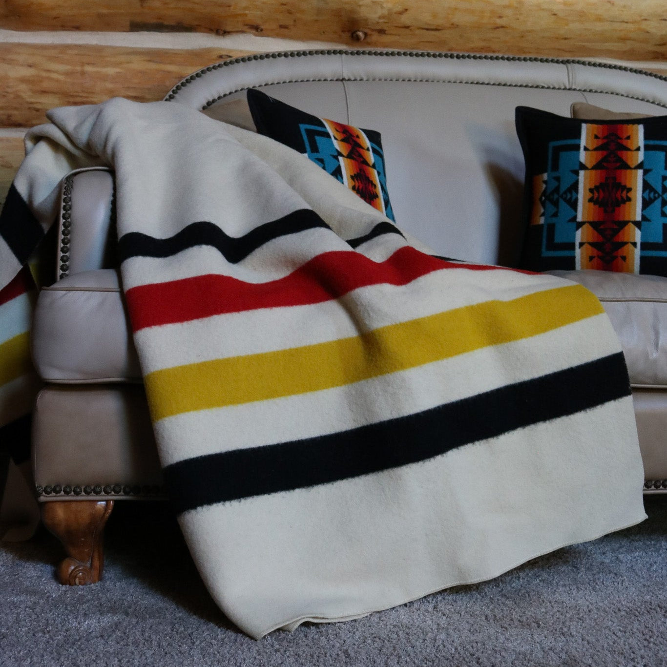 Pendleton Glacier Park Virgin Wool Blanket Cream Colored with Vibrant Black Yellow & Red Stripes