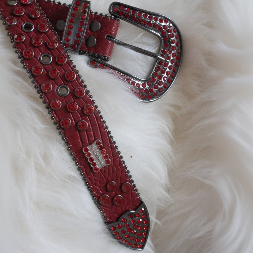 G.G. Simon Red Rhinestone Faux-Snakeskin Punk Buckle Belt