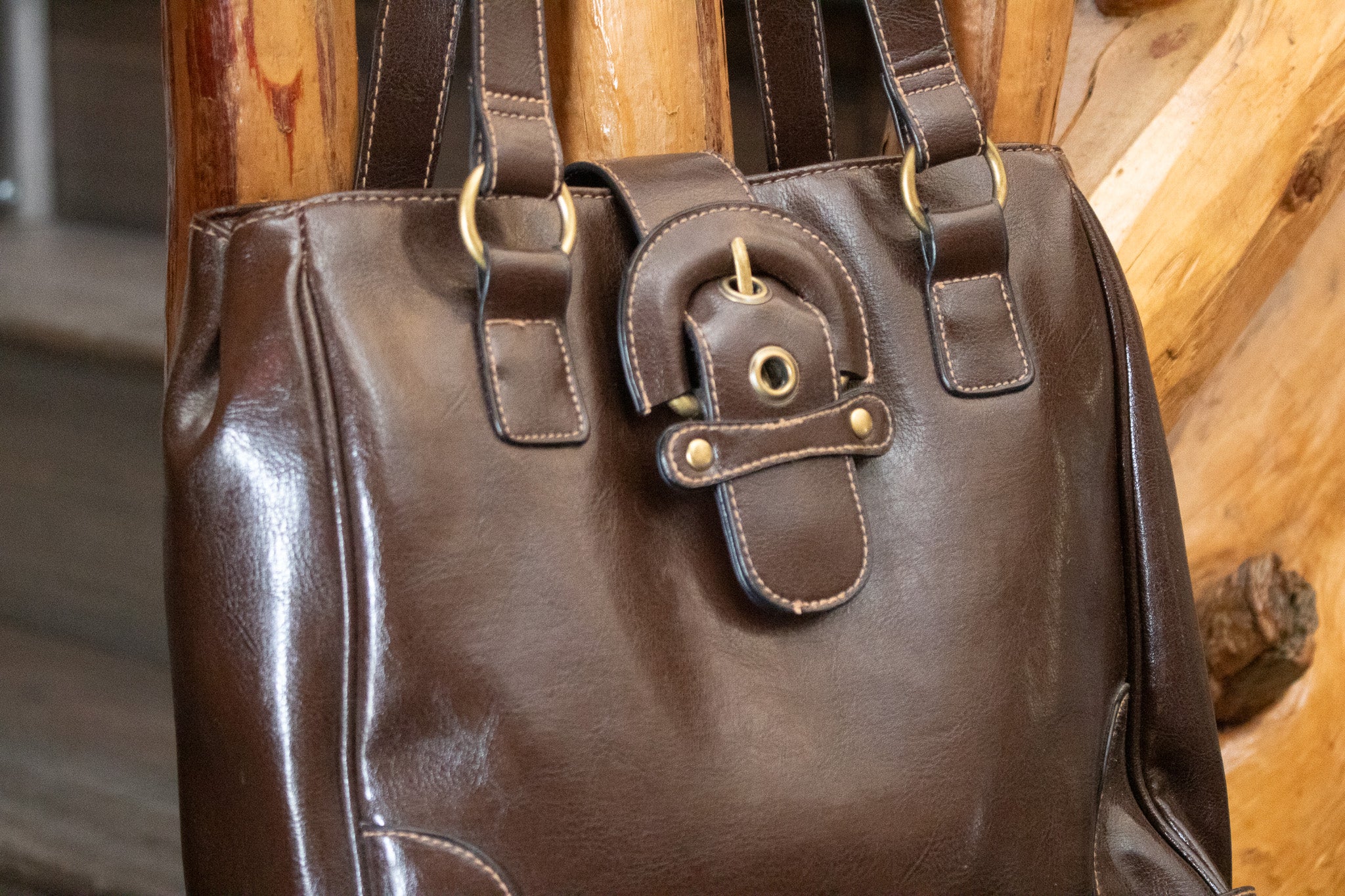 Dark Brown Purse with a Magnetic Buckle Closure