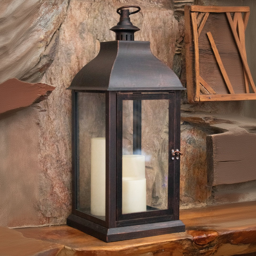 Set Of 3 Rustic Black Powder Coated Metal Glass Candle Lanterns