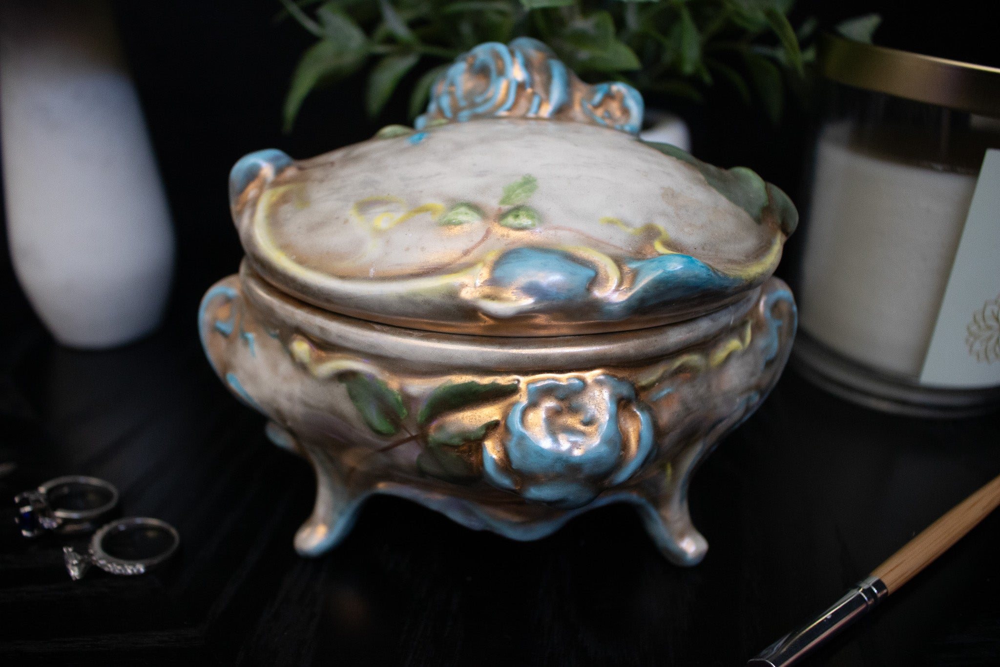 Gold and Blue Rose Jewelry Box