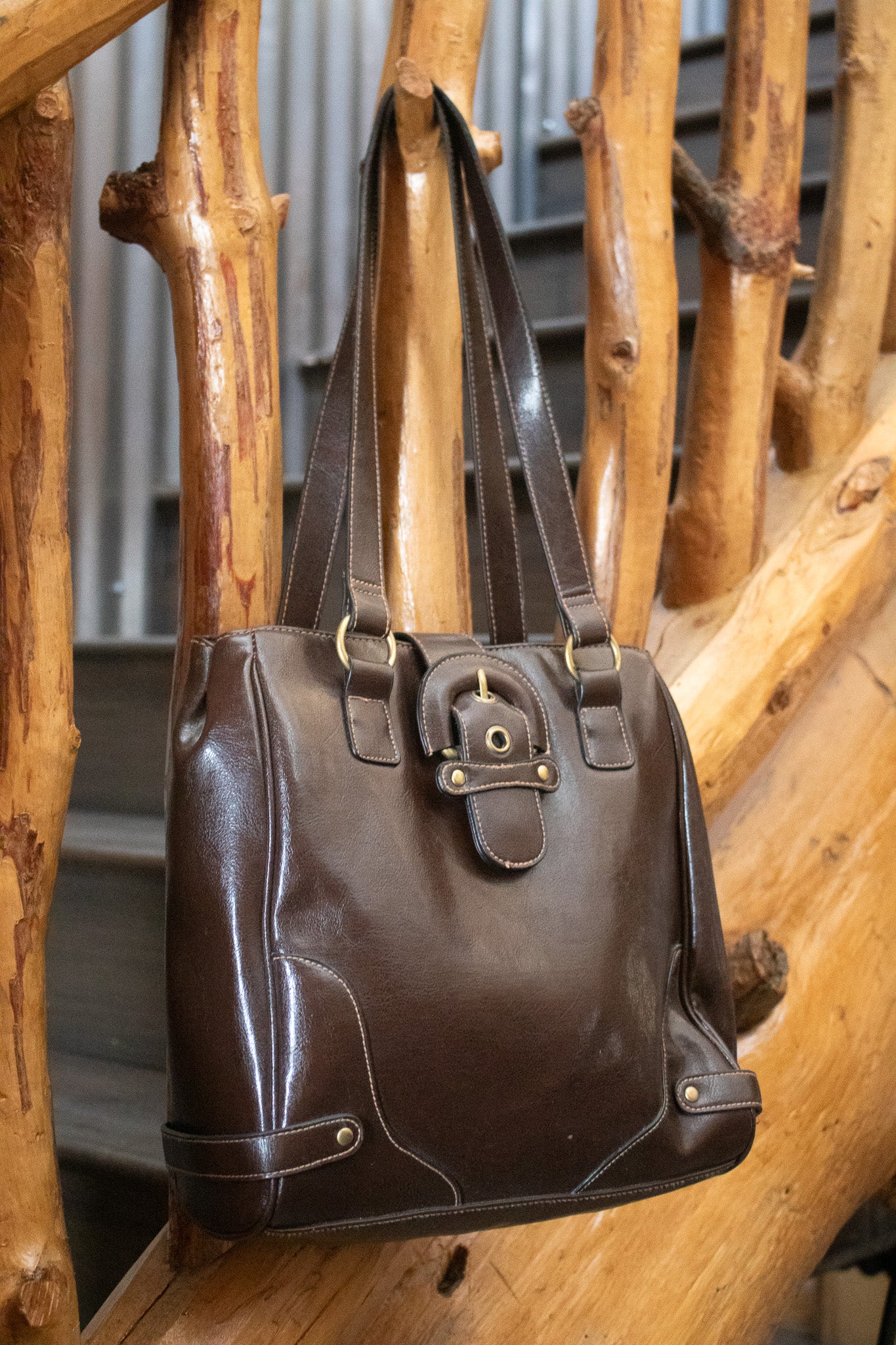 Dark Brown Purse with a Magnetic Buckle Closure