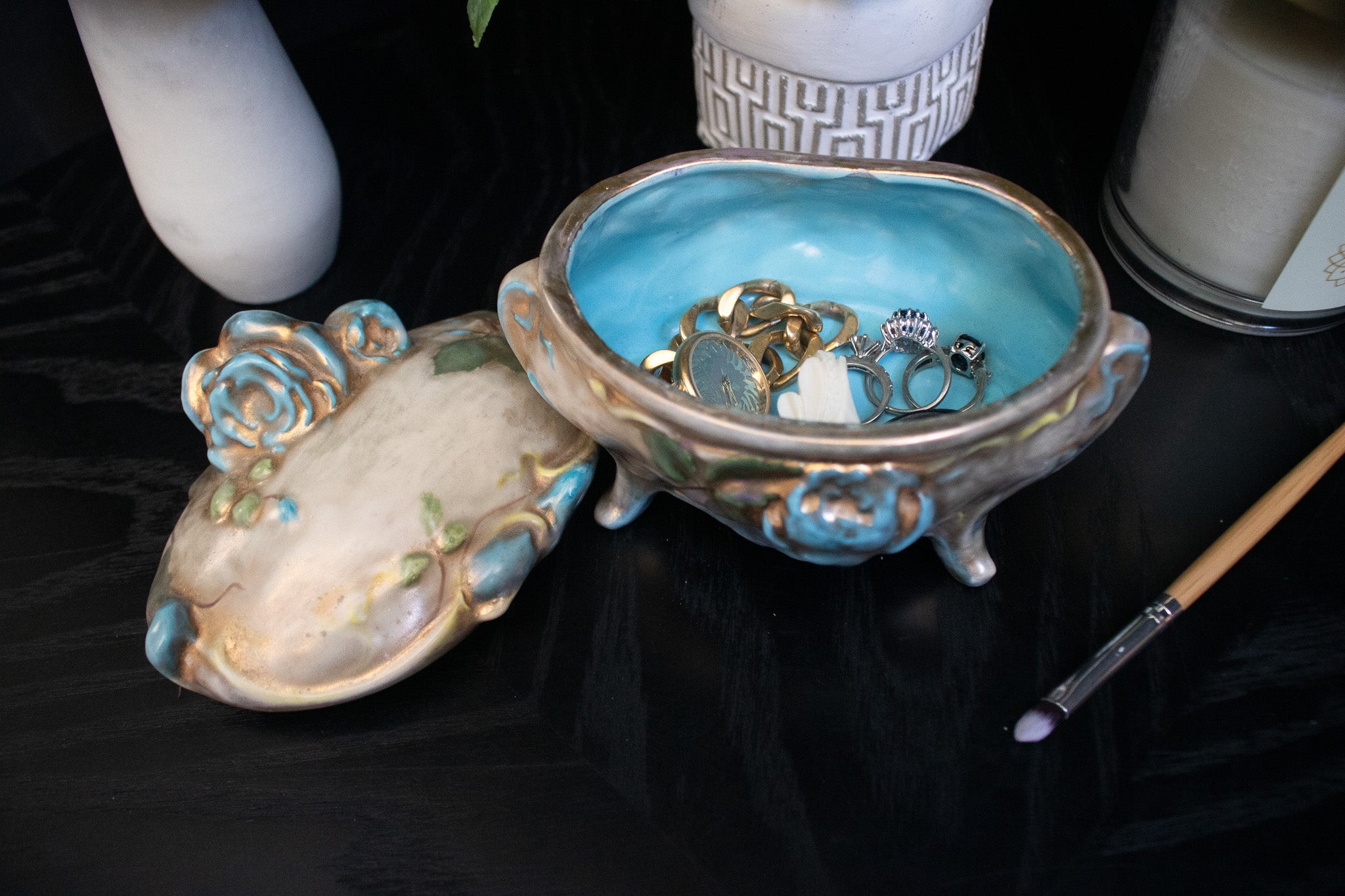 Gold and Blue Rose Jewelry Box