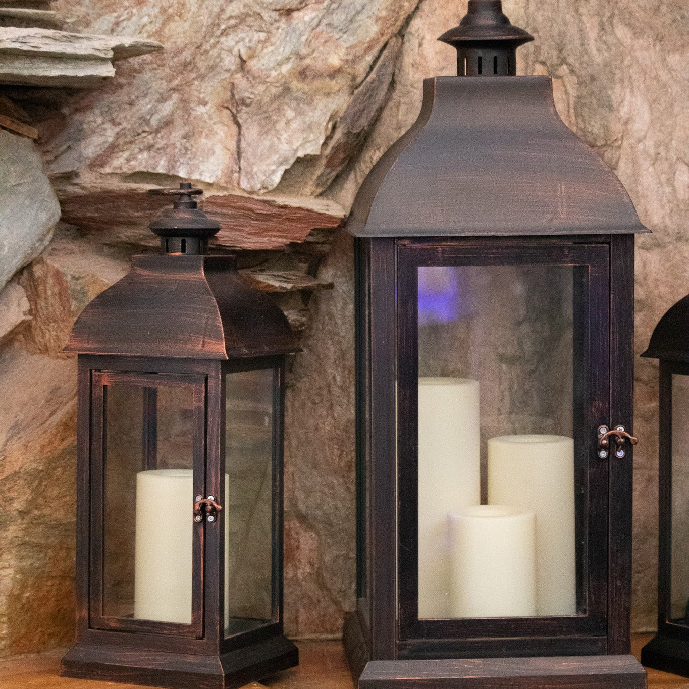 Set Of 3 Rustic Black Powder Coated Metal Glass Candle Lanterns