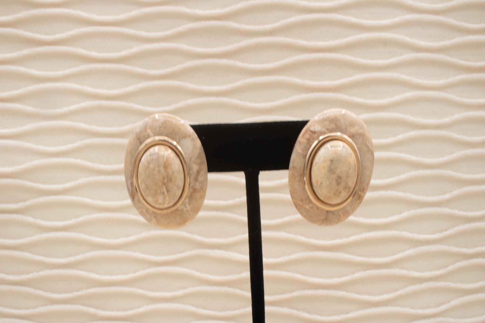 Oval Cream Colored Presious Marble Stone Earring Studs
