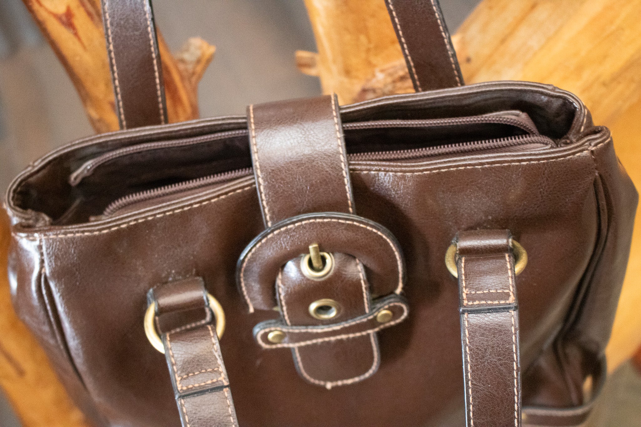 Dark Brown Purse with a Magnetic Buckle Closure