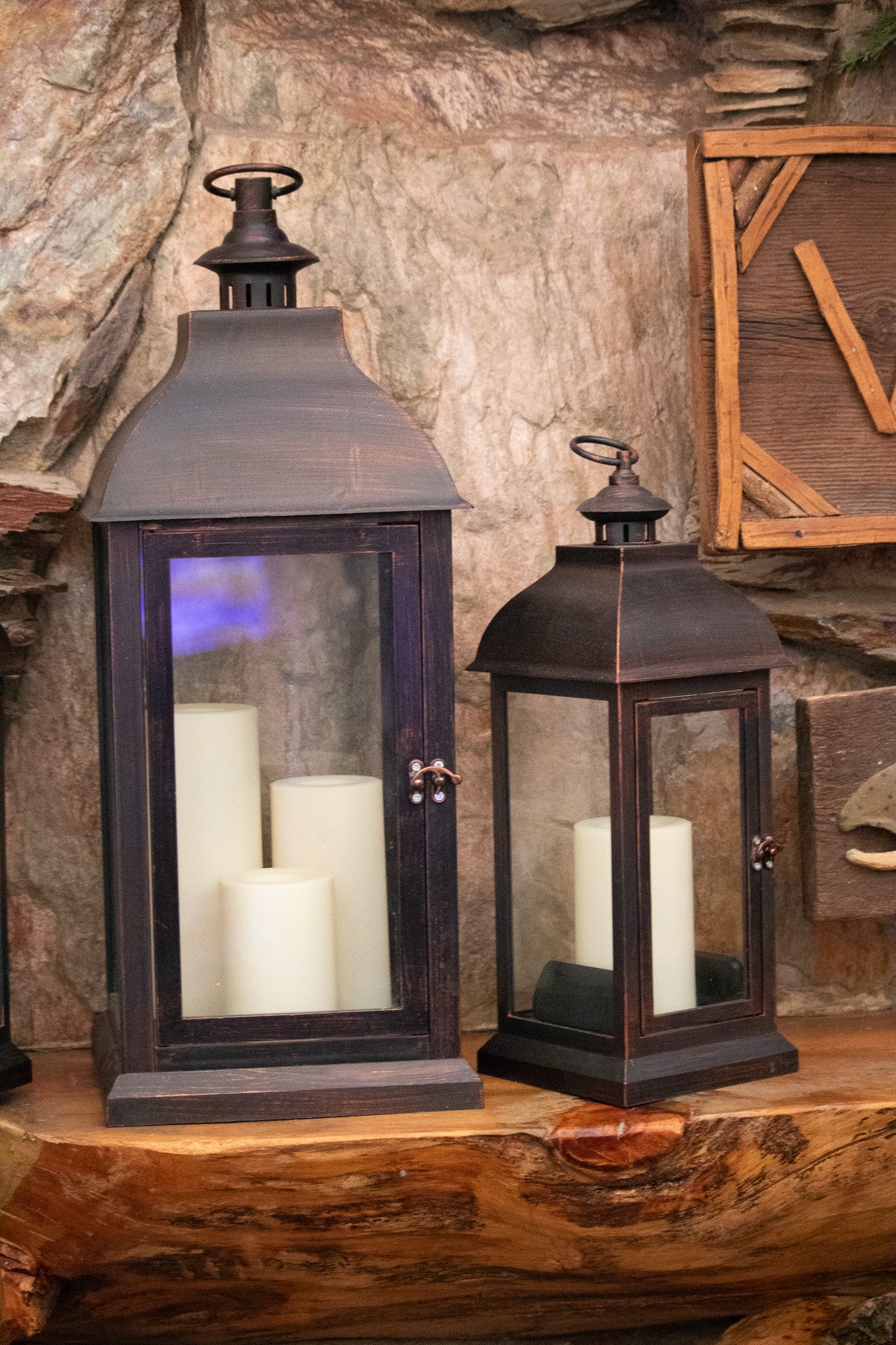 Set Of 3 Rustic Black Powder Coated Metal Glass Candle Lanterns