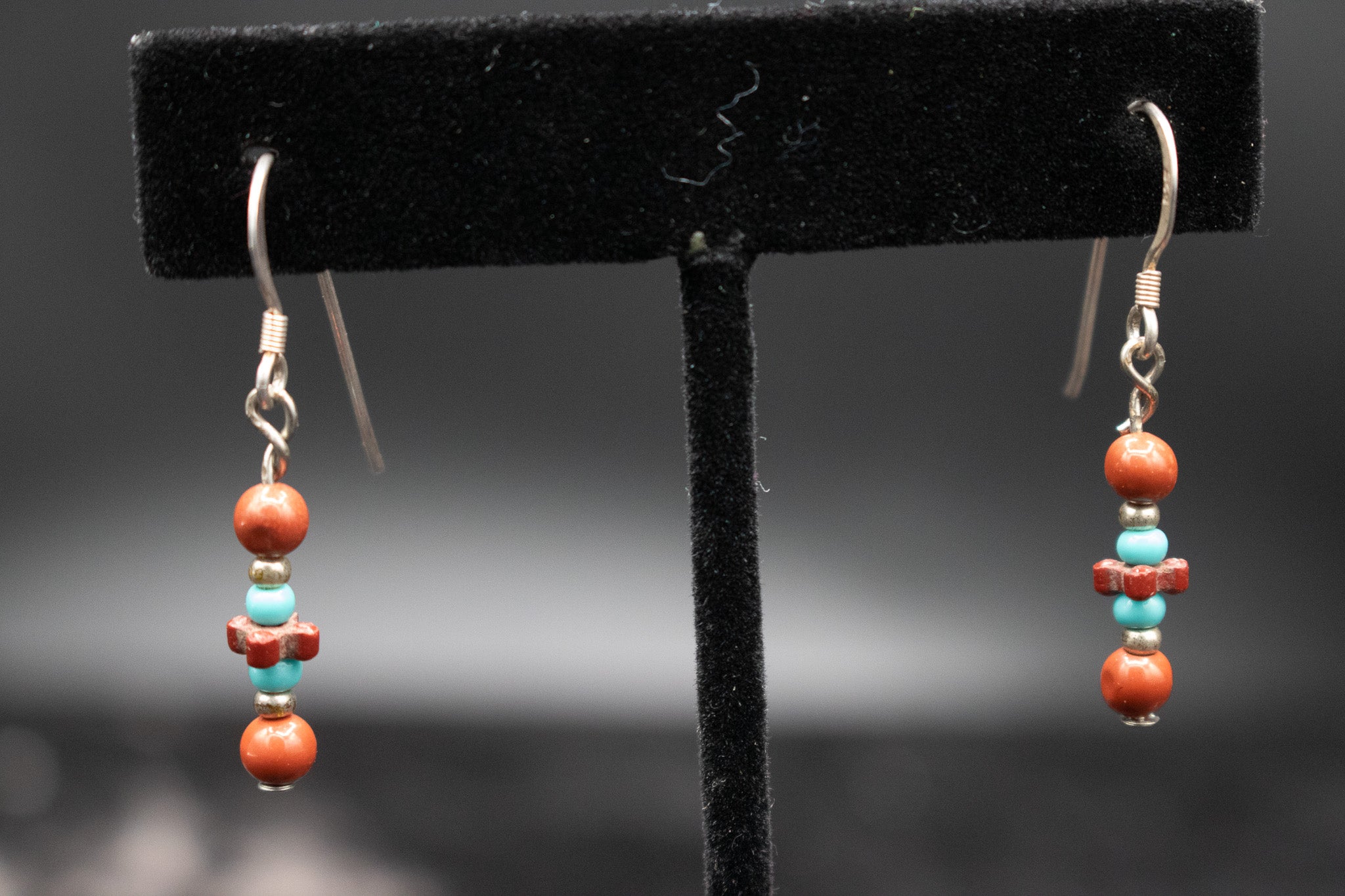 Coral and Turquoise Stone Dangle Drop Hook Earrings