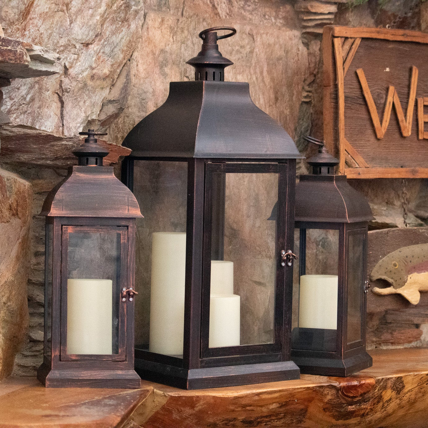 Set Of 3 Rustic Black Powder Coated Metal Glass Candle Lanterns