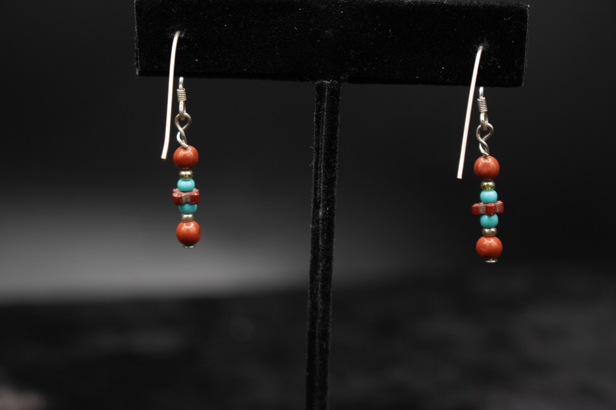 Coral and Turquoise Stone Dangle Drop Hook Earrings