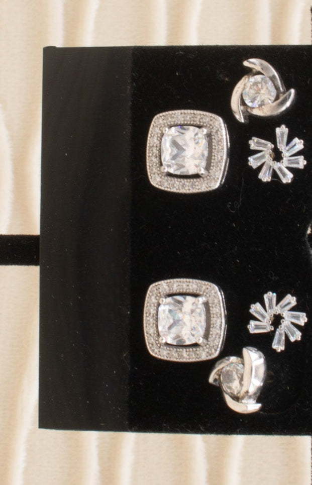 3 Piece Cubic Silver Zirconia Stone Earring Stud Set