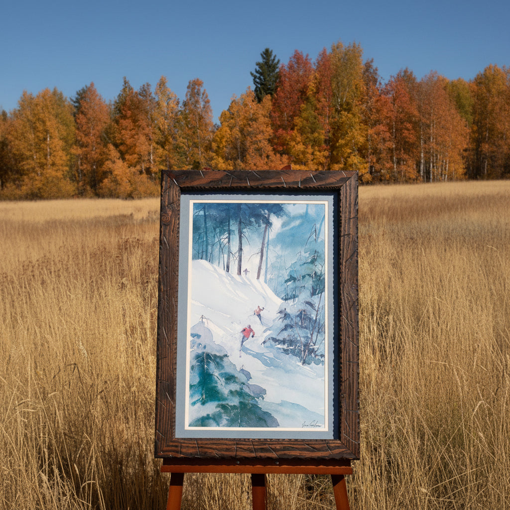 Large Framed Artwork Featuring 3 Skier Signed by Jane Carlson