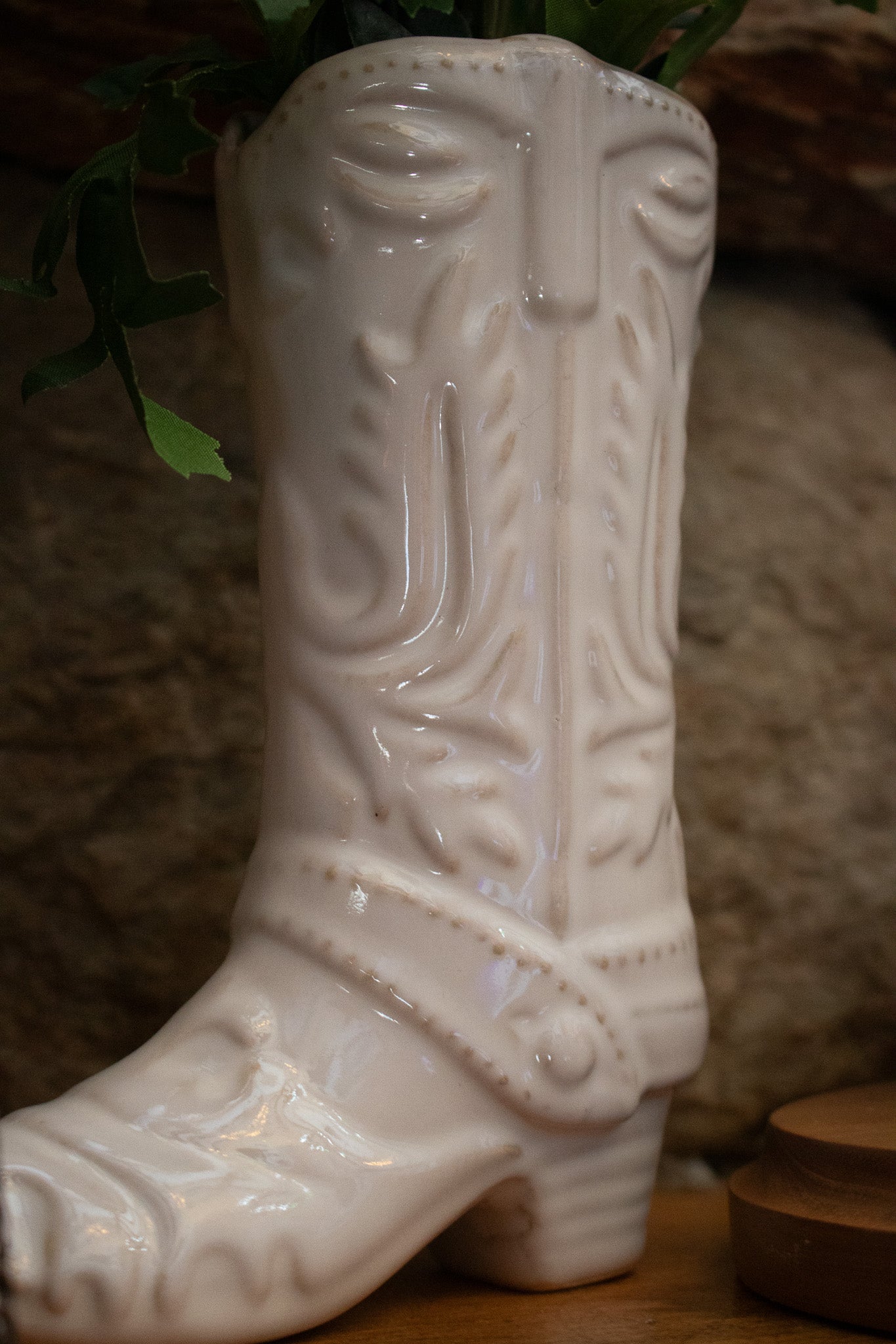 Ceramic White Cowboy Boot Vase with silk plant
