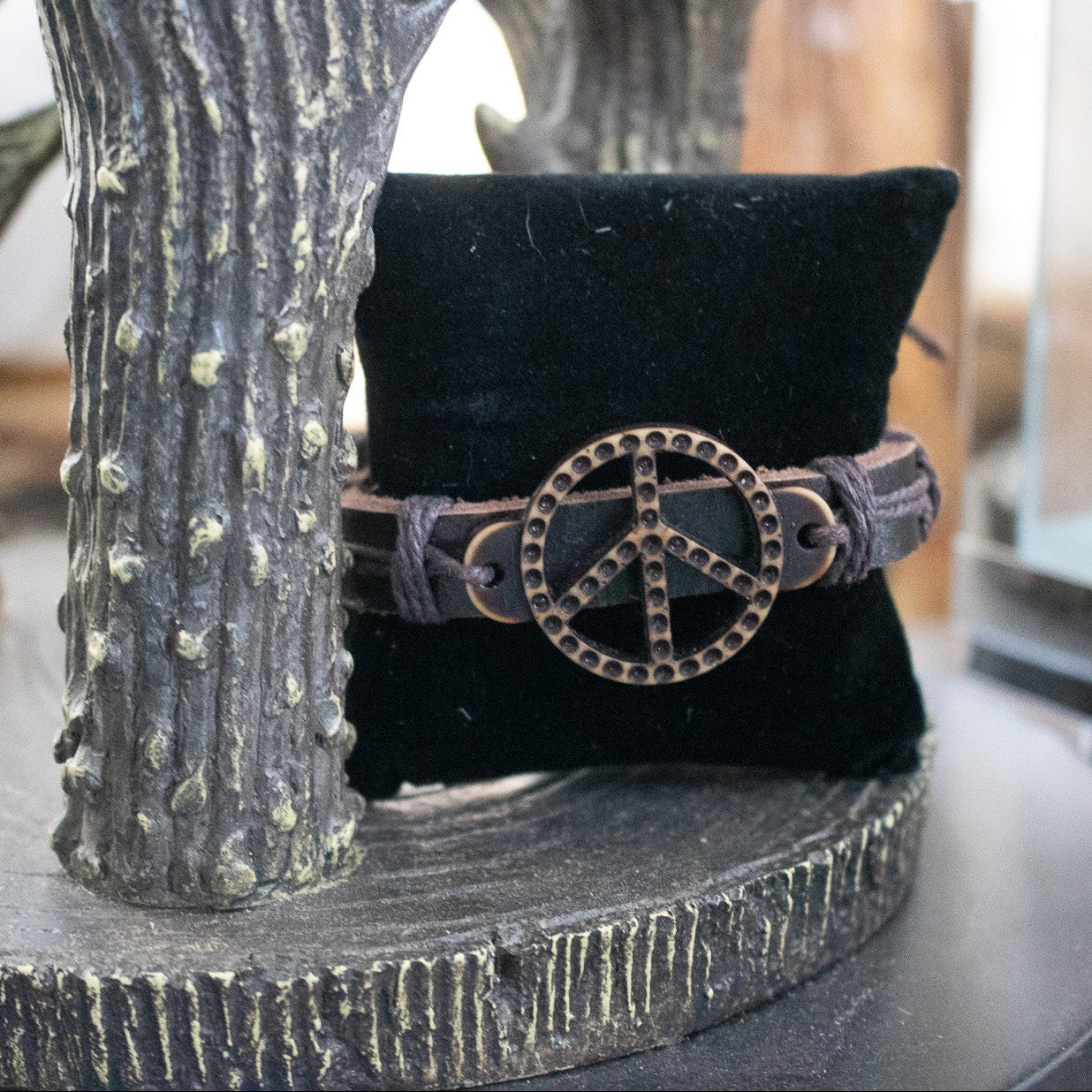 Brown Leather Peace Sign Charm Adjustable Bracelet