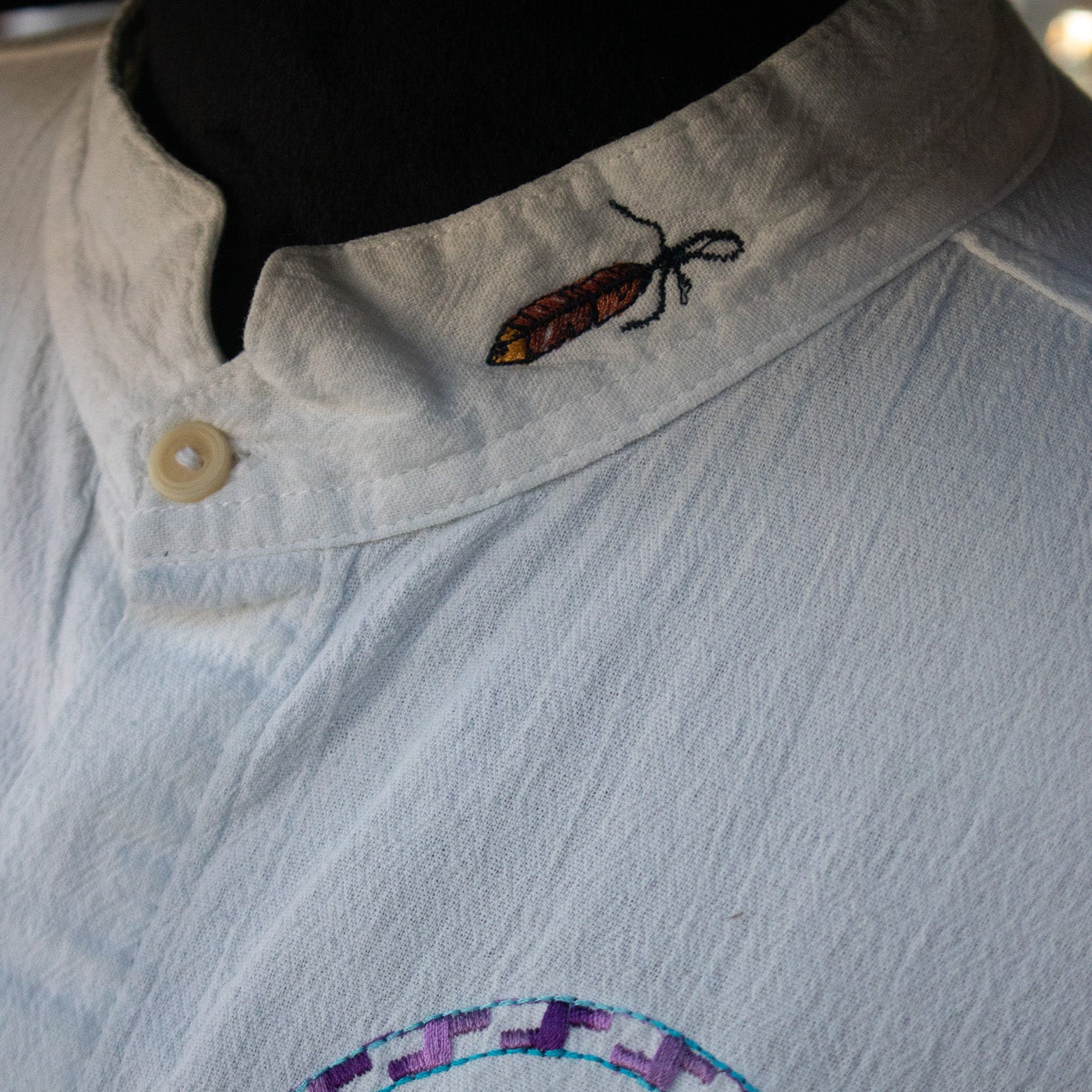 Mushue White Men's Button Down Bear Claw Dreamcatcher Embroidered Cotton Shirt