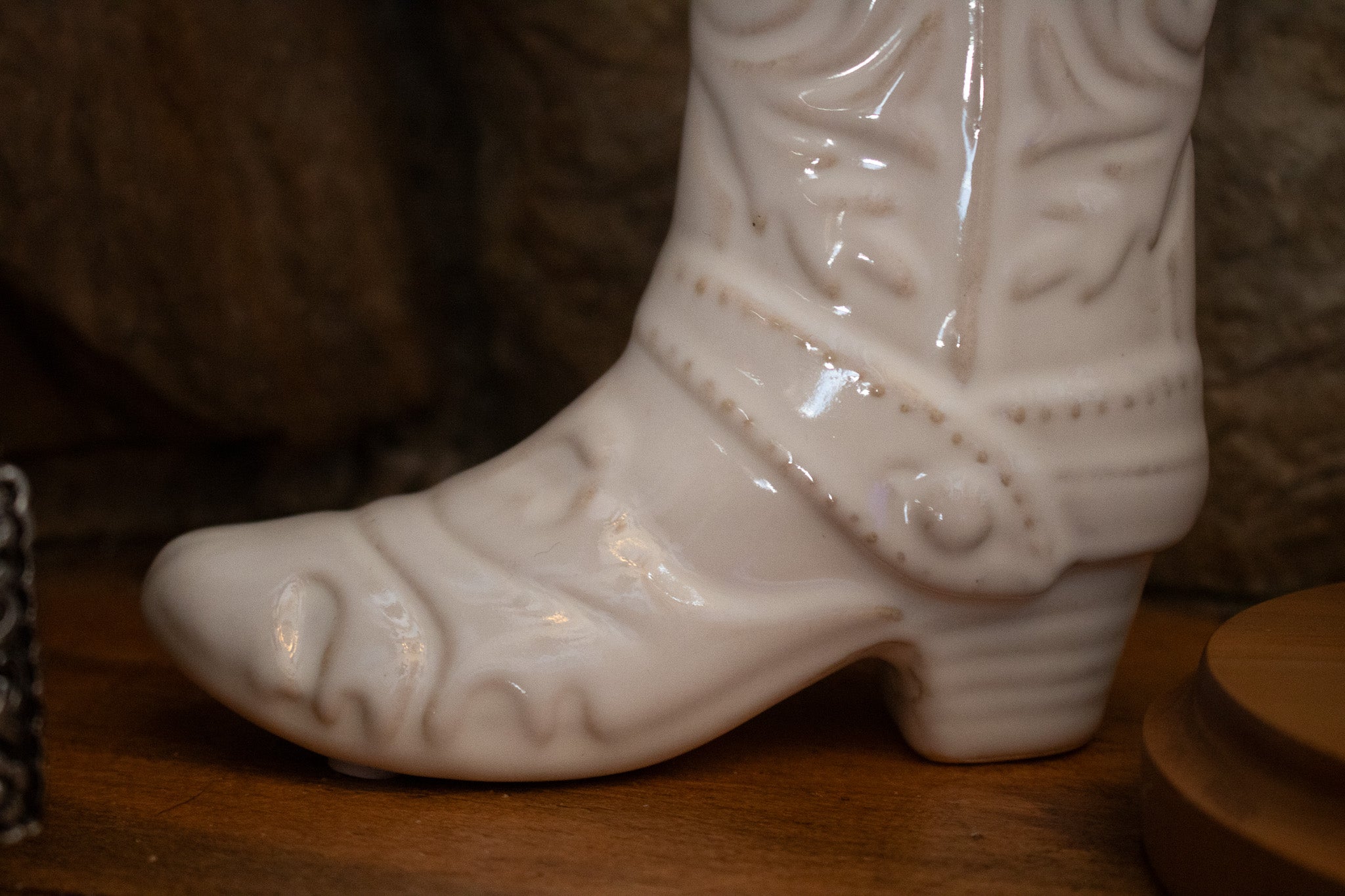 Ceramic White Cowboy Boot Vase with silk plant