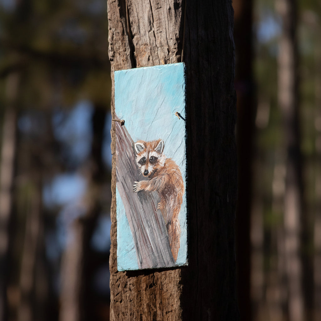 Metal Sign Painting of Racoon Artist A.S.C. Def Carmen Black's