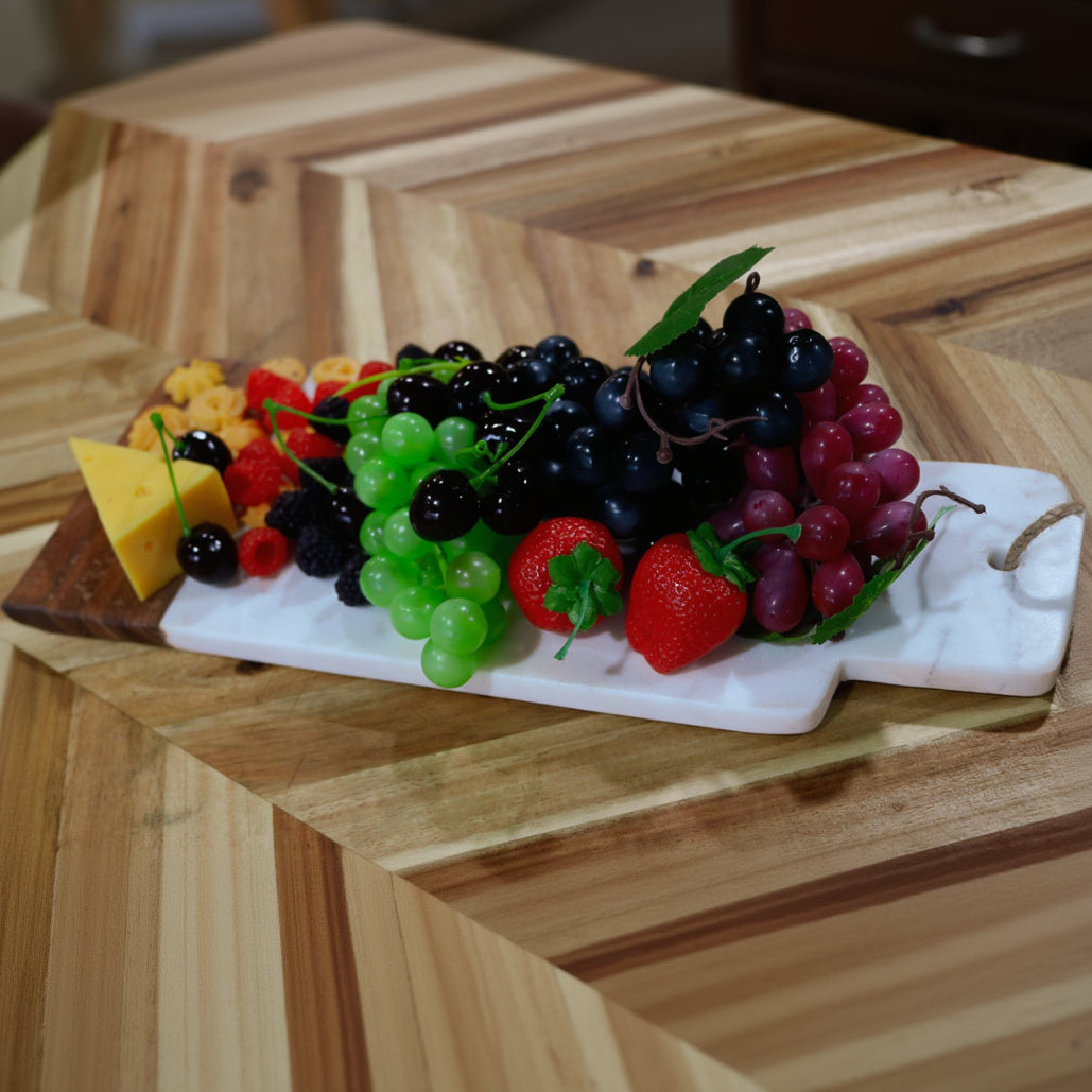 Chopping Board - Small Paddle with White Stone Faux-marble with Wood End