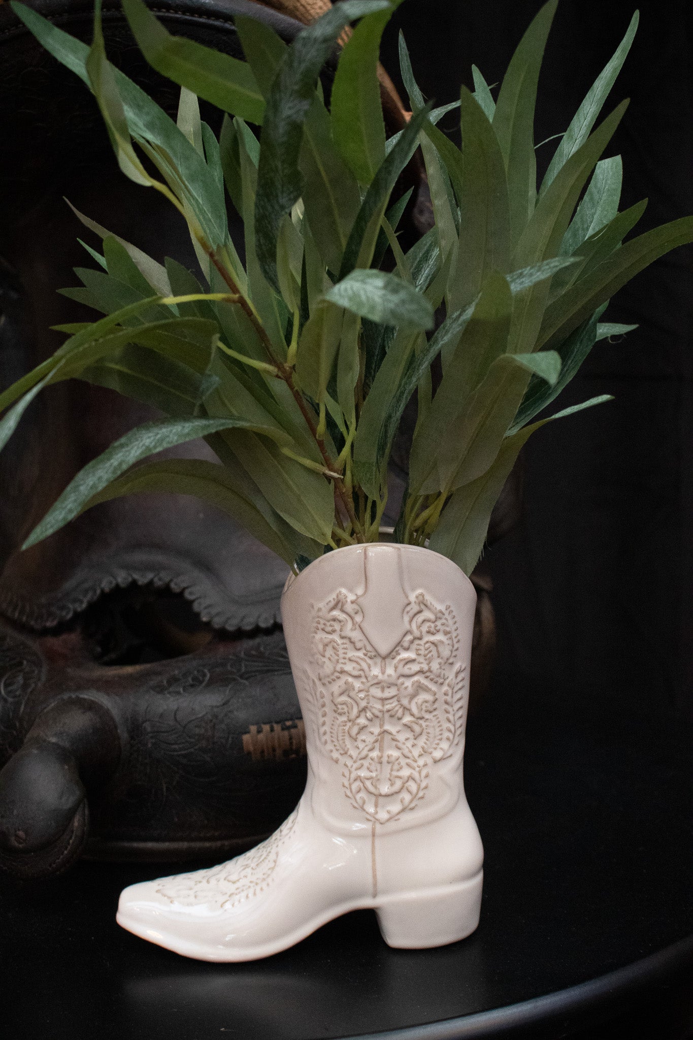 Ceramic White Cowboy Boot Vase with silk plant