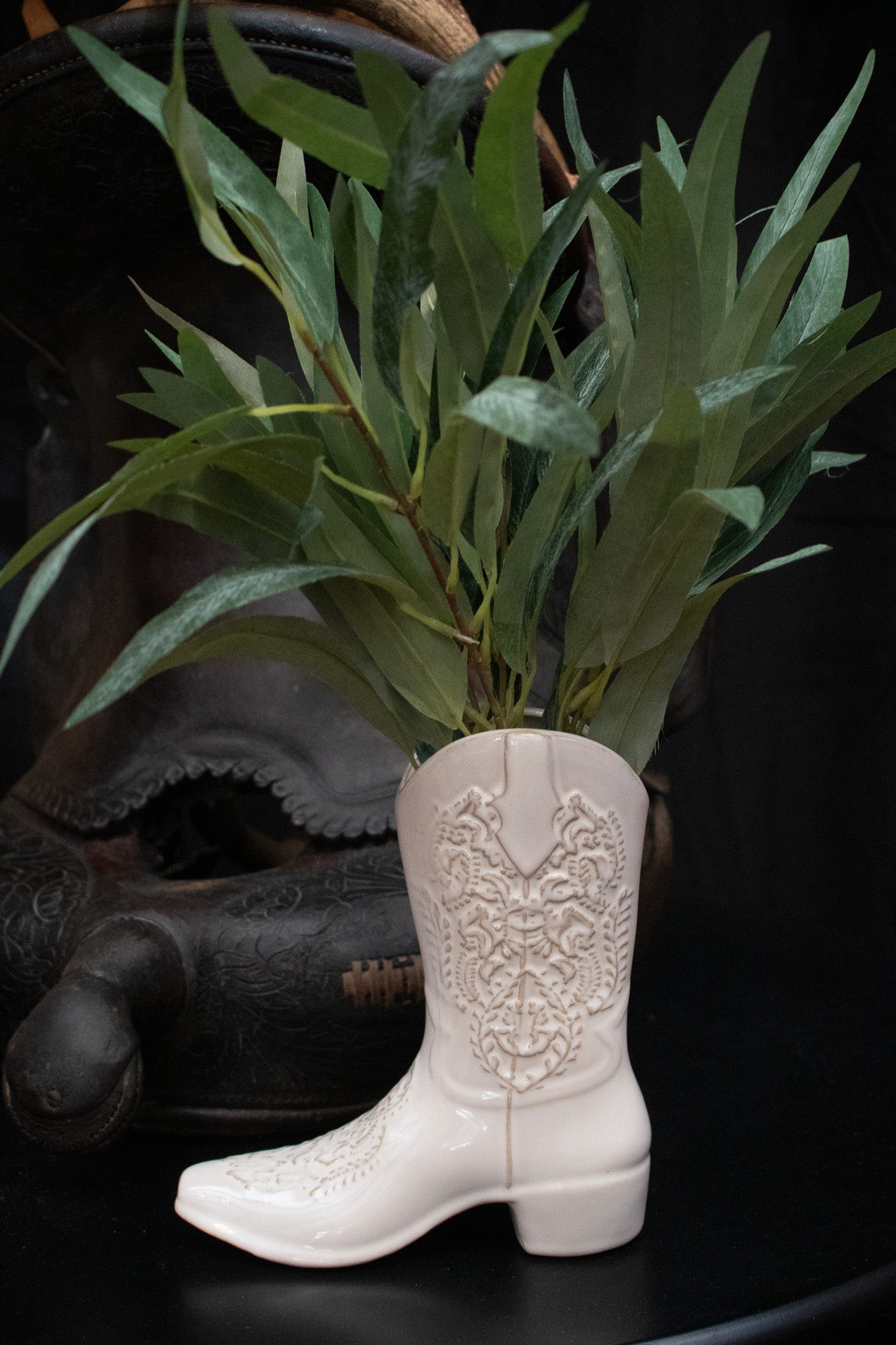 Ceramic White Cowboy Boot Vase with silk plant