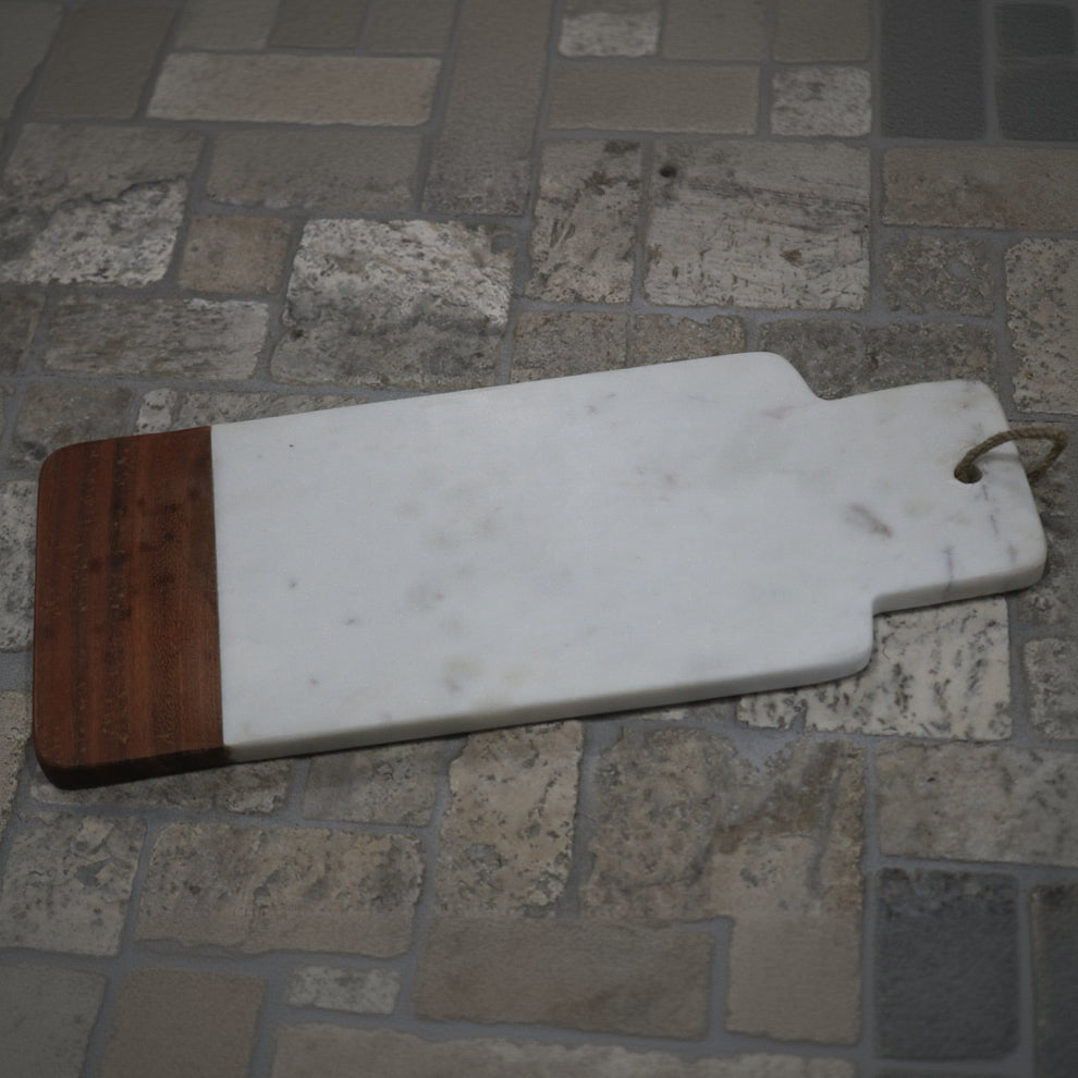 Chopping Board - Small Paddle with White Stone Faux-marble with Wood End
