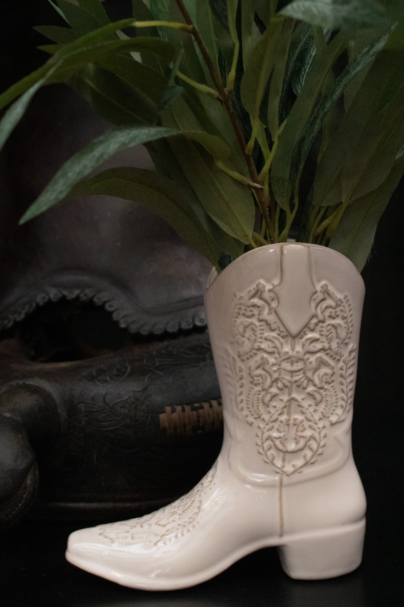 Ceramic White Cowboy Boot Vase with silk plant