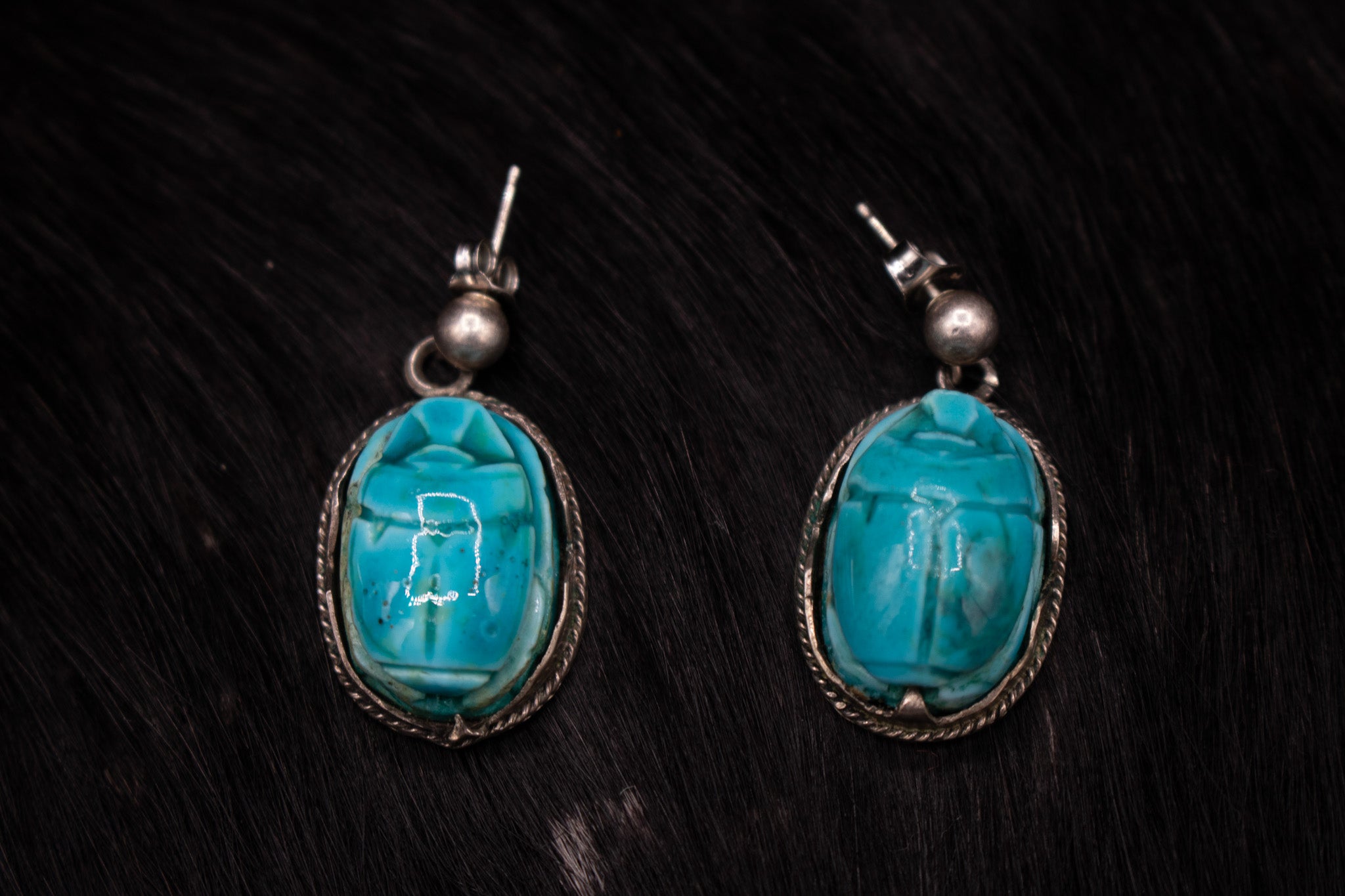 Sterling Silver Hand Crafted Turquoise Stone Scarab Beetle Drop Earrings