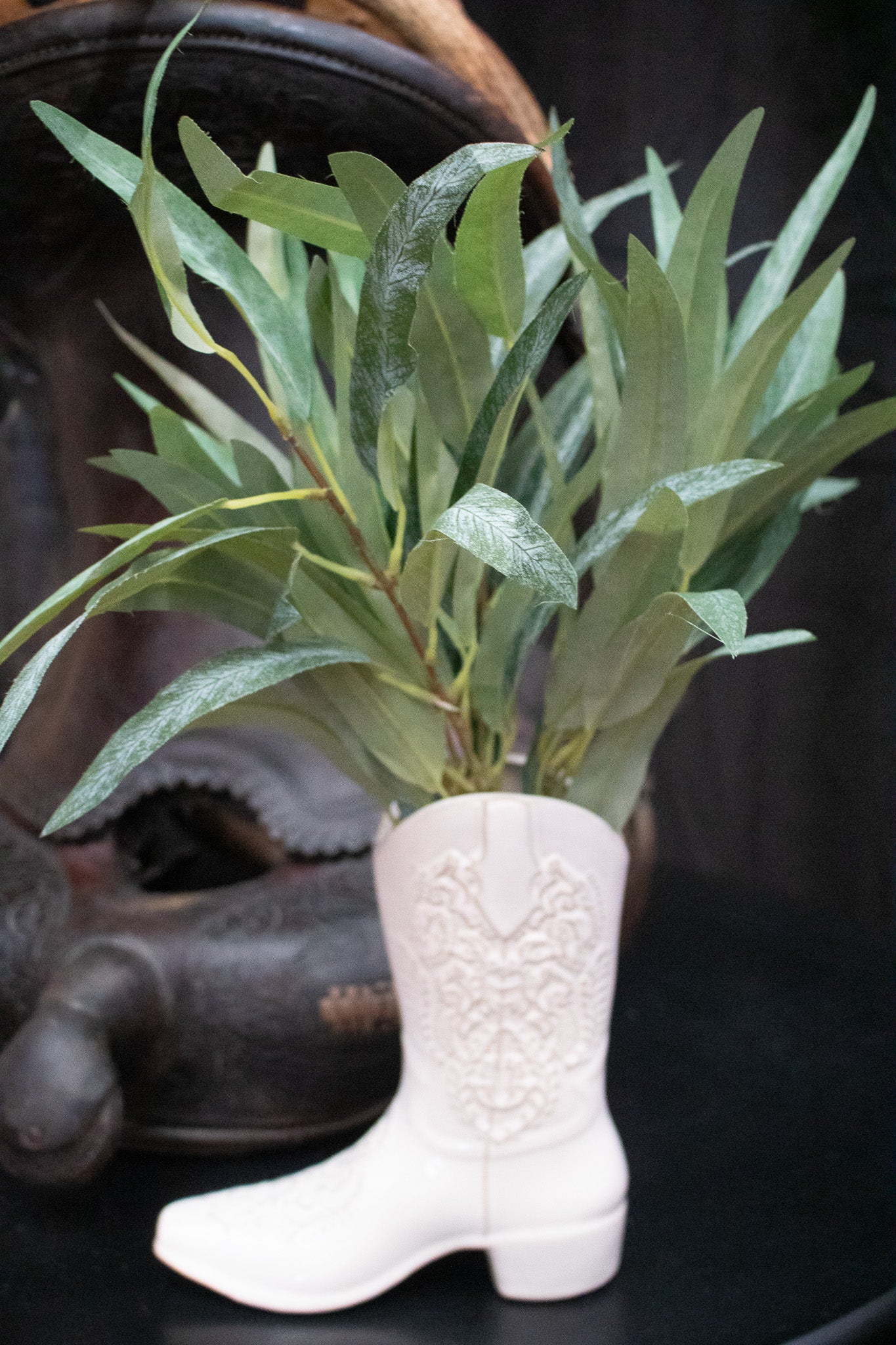 Ceramic White Cowboy Boot Vase with silk plant