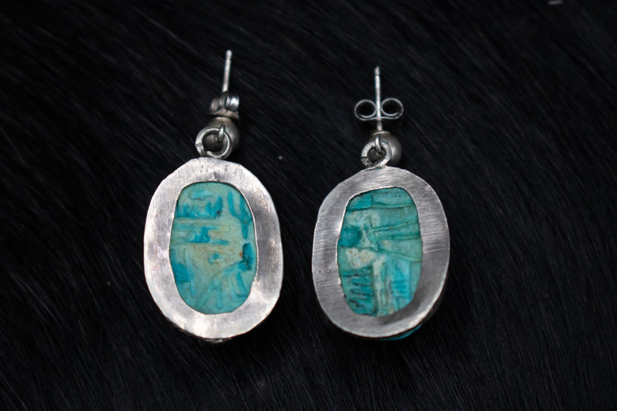 Sterling Silver Hand Crafted Turquoise Stone Scarab Beetle Drop Earrings