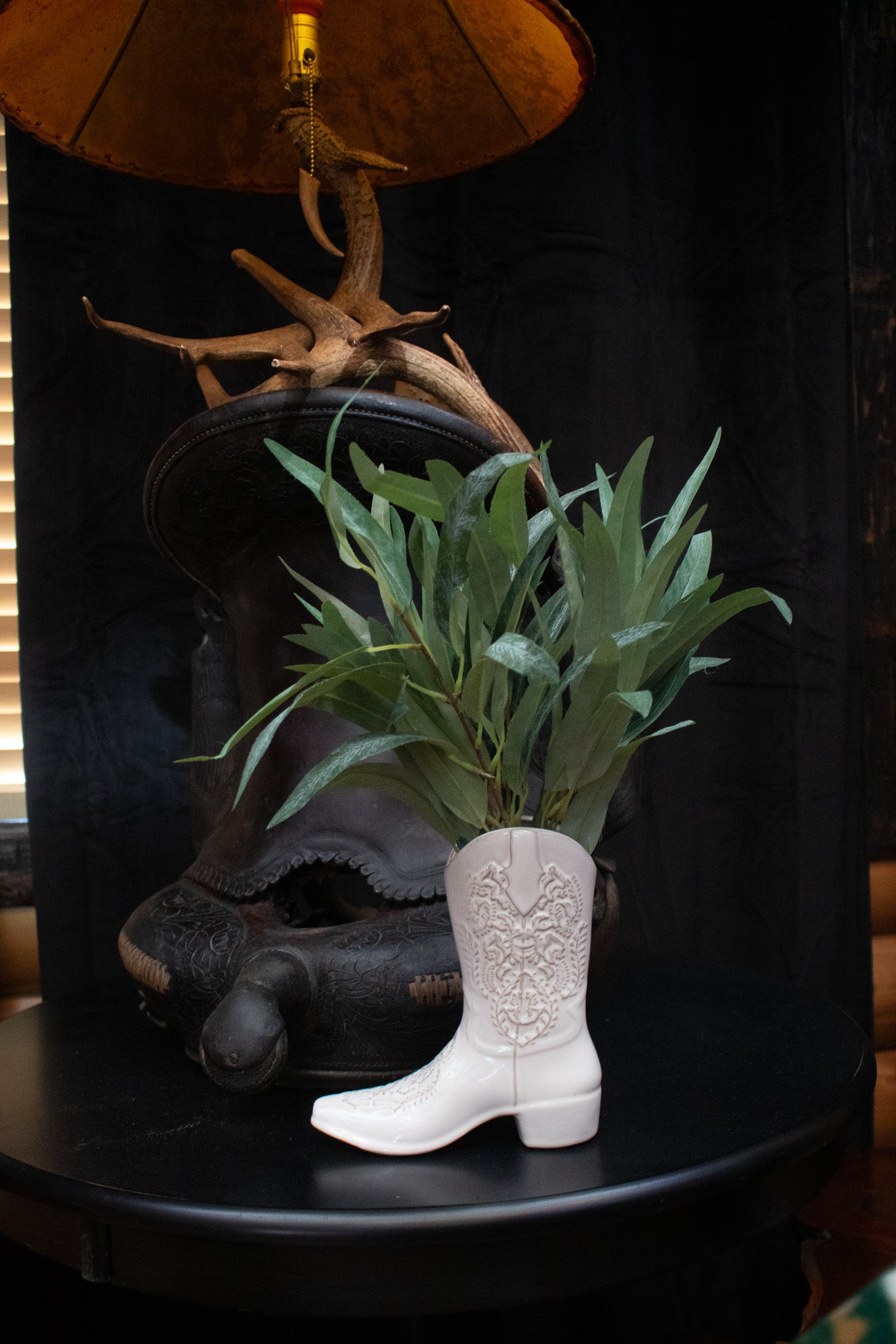 Ceramic White Cowboy Boot Vase with silk plant