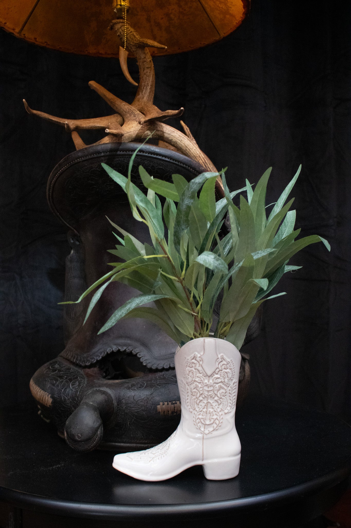 Ceramic White Cowboy Boot Vase with silk plant