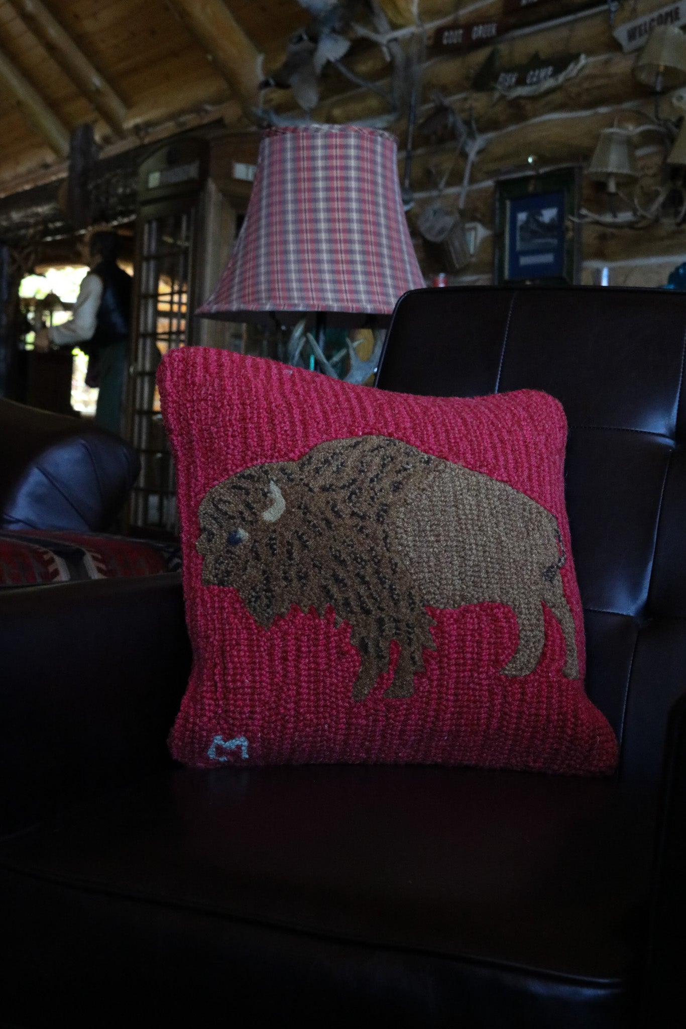 Chandler 4 corners Buffalo Red Hooked Wool Pillow 18"W x 18"L