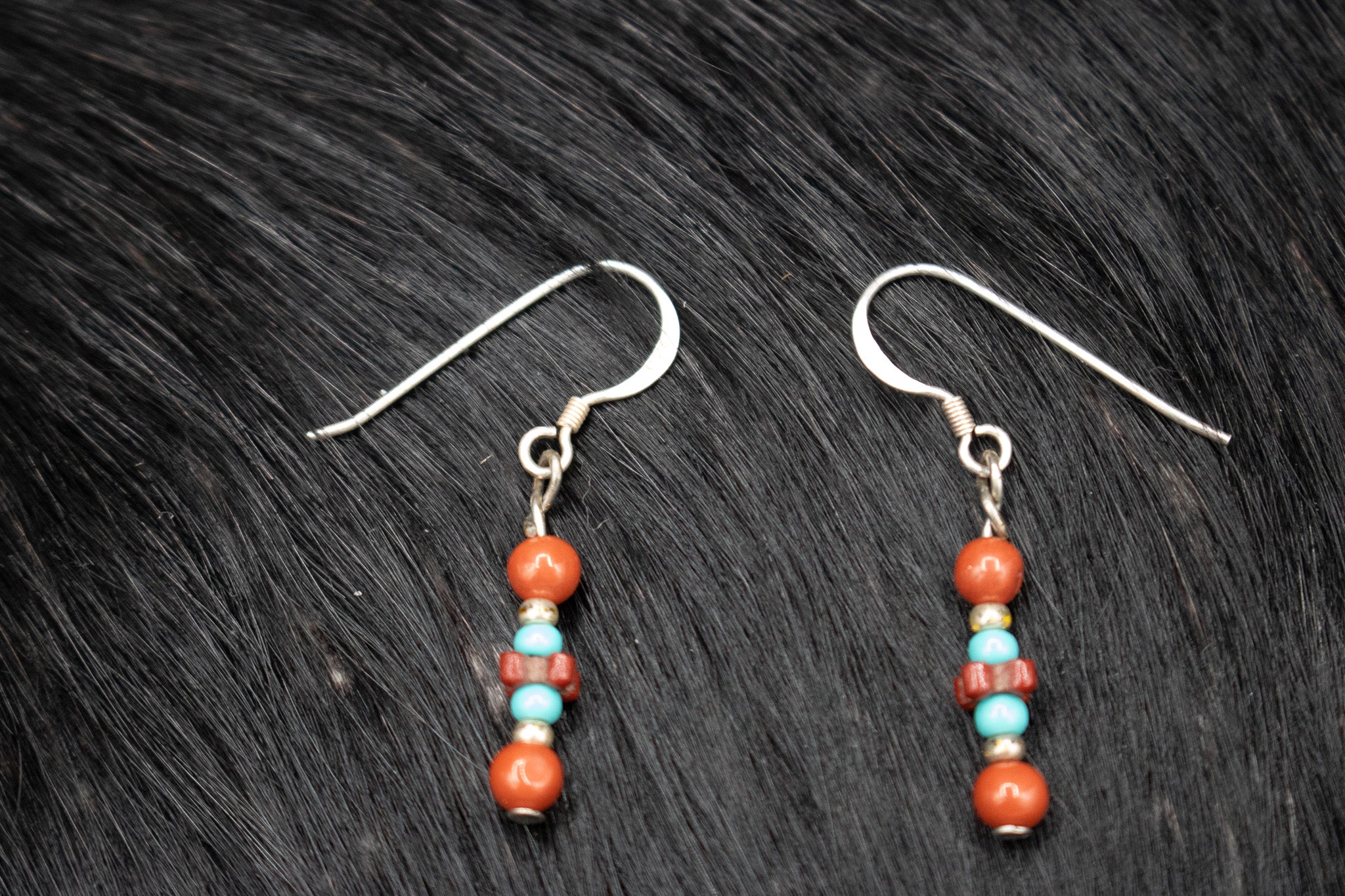 Coral and Turquoise Stone Dangle Drop Hook Earrings