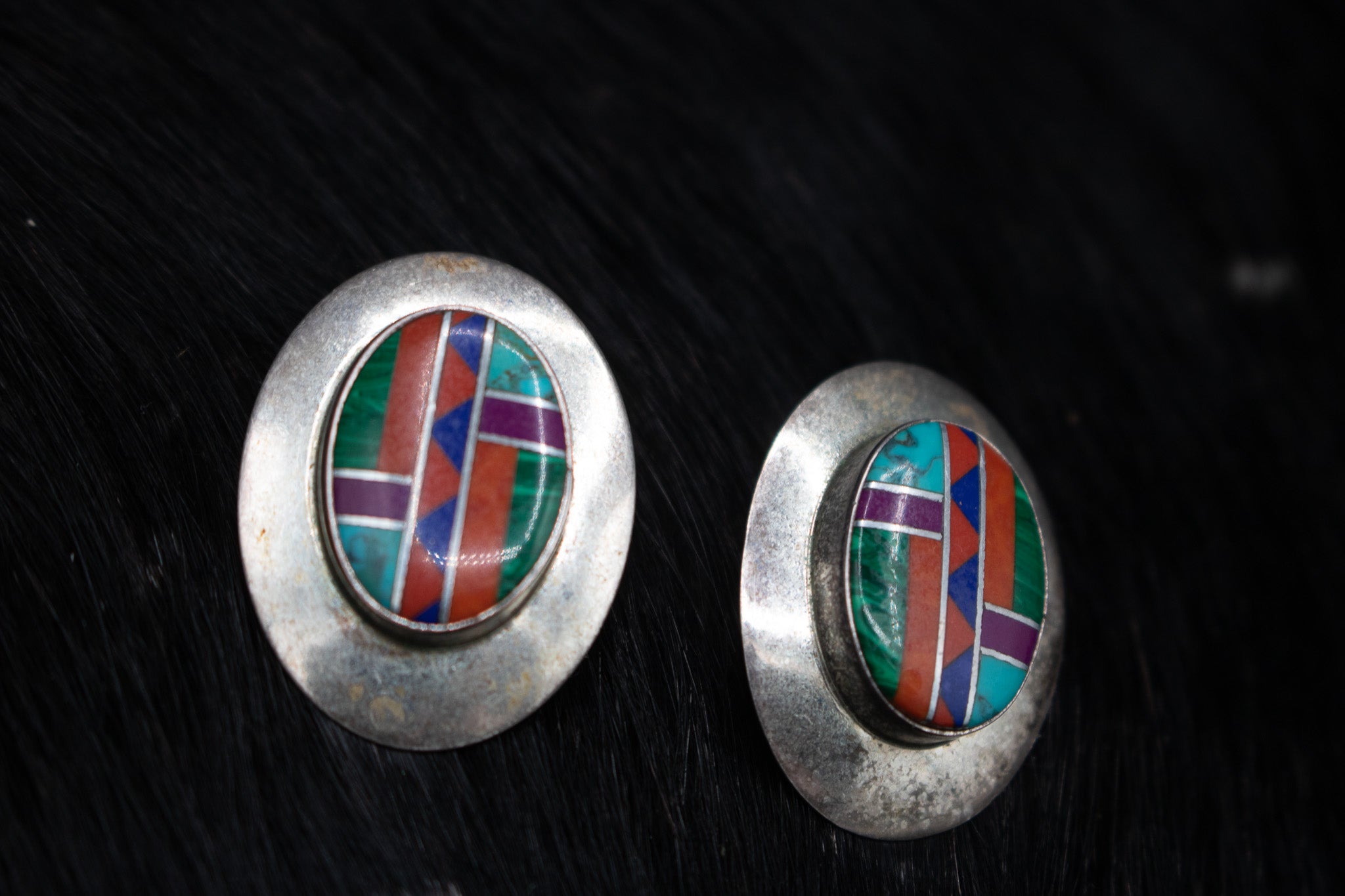 Sterling Silver Symmetrical inlayed Oval Stone Stud Earrings