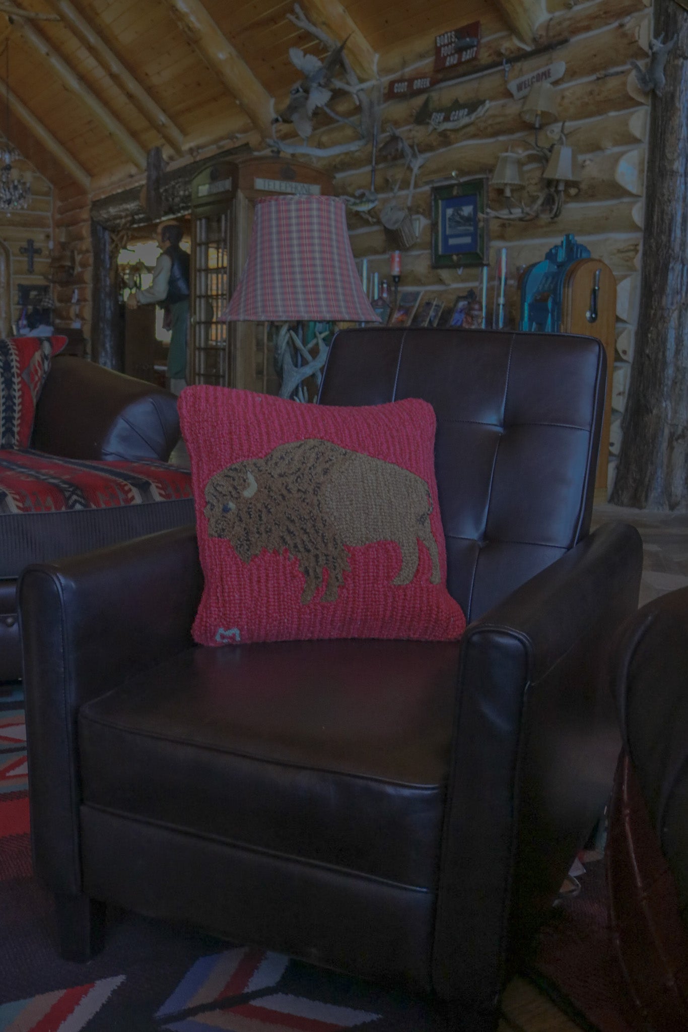 Chandler 4 corners Buffalo Red Hooked Wool Pillow 18"W x 18"L
