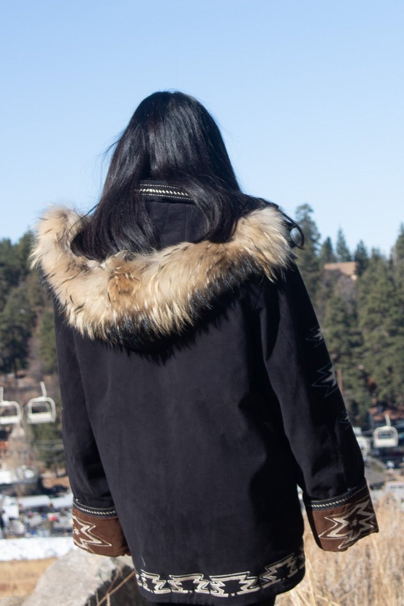 Vintage Bogner Black Ultra Suede Parka with Tribal Style Embossing