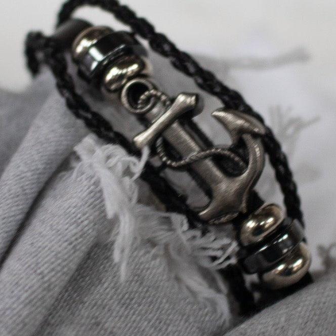 Black Multi Strand Leather Strap with Anchor Charm Bracelet