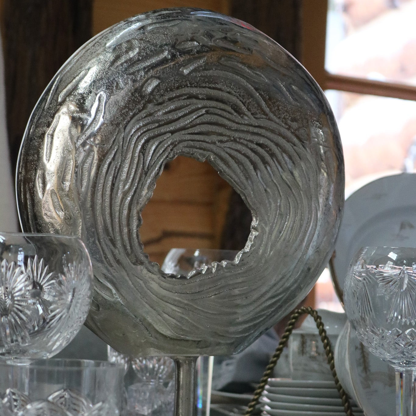 Beautiful Circular Modern Art Piece with White Marble Base with an Impression of the Modern Abyss