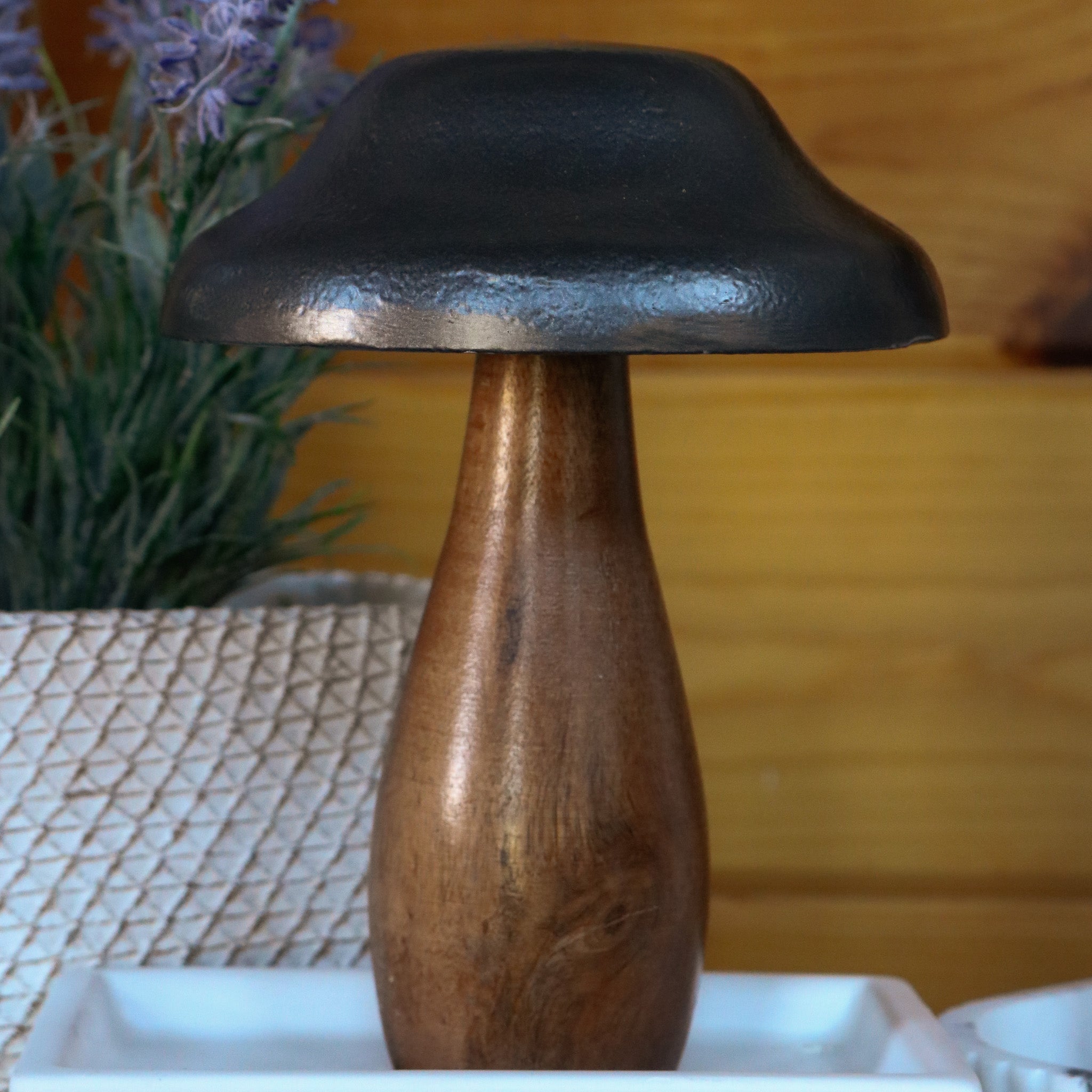 Decorative Mushroom Sculpture Wooden Base with Metal Top