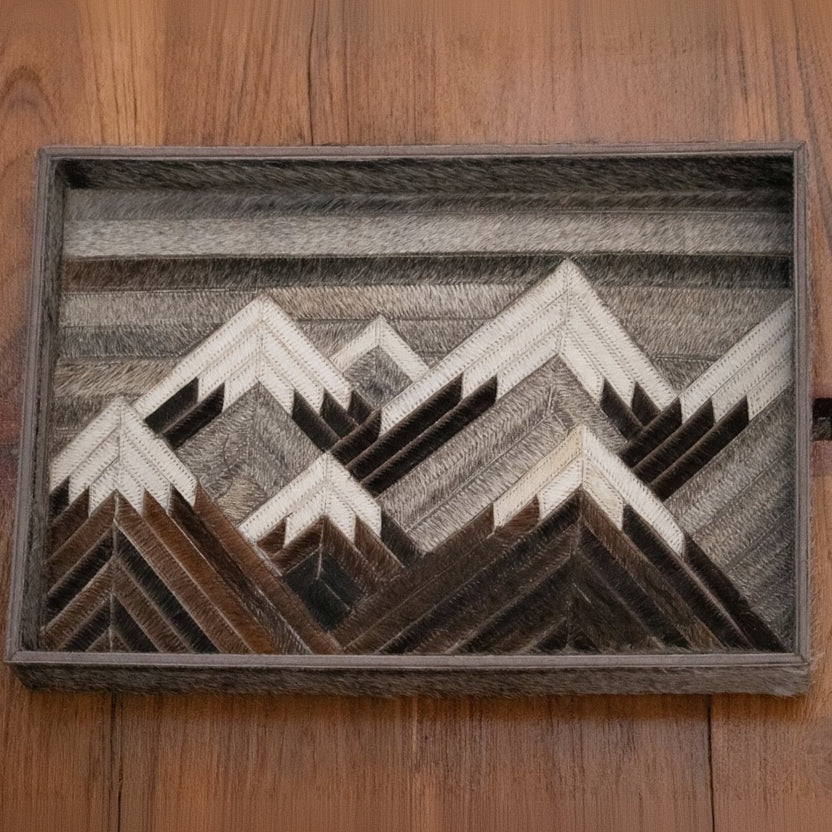 Decorative Wooden Tray with Cowhide Geometric Mountain Pattern