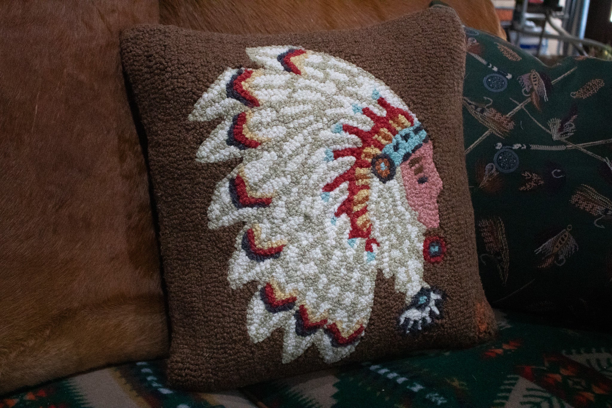 Chandler 4 corners Native Chief Hooked Wool Pillow