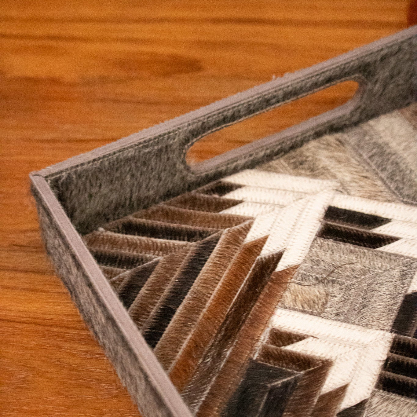 Decorative Wooden Tray with Cowhide Geometric Mountain Pattern