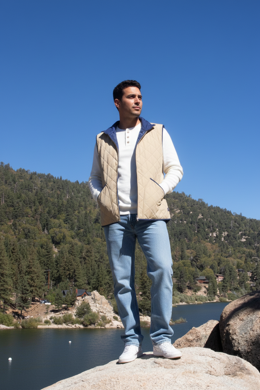 Crown & Ivy Quilted Vest Camel and Royal Blue Colored
