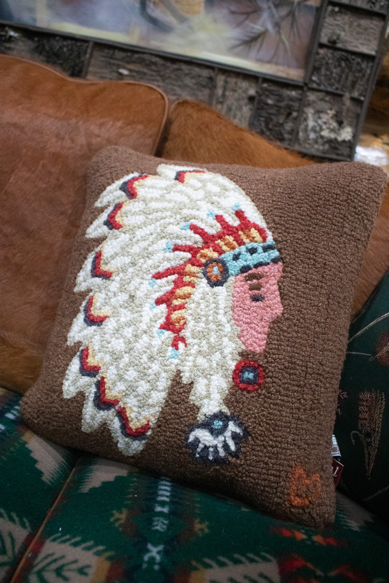Chandler 4 corners Native Chief Hooked Wool Pillow