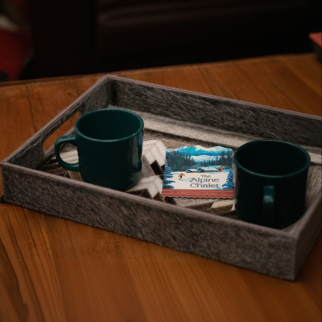 Decorative Wooden Tray with Cowhide Geometric Mountain Pattern