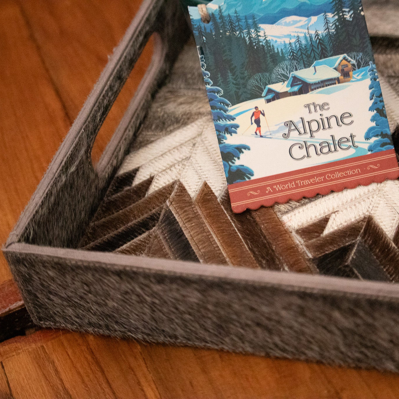 Decorative Wooden Tray with Cowhide Geometric Mountain Pattern