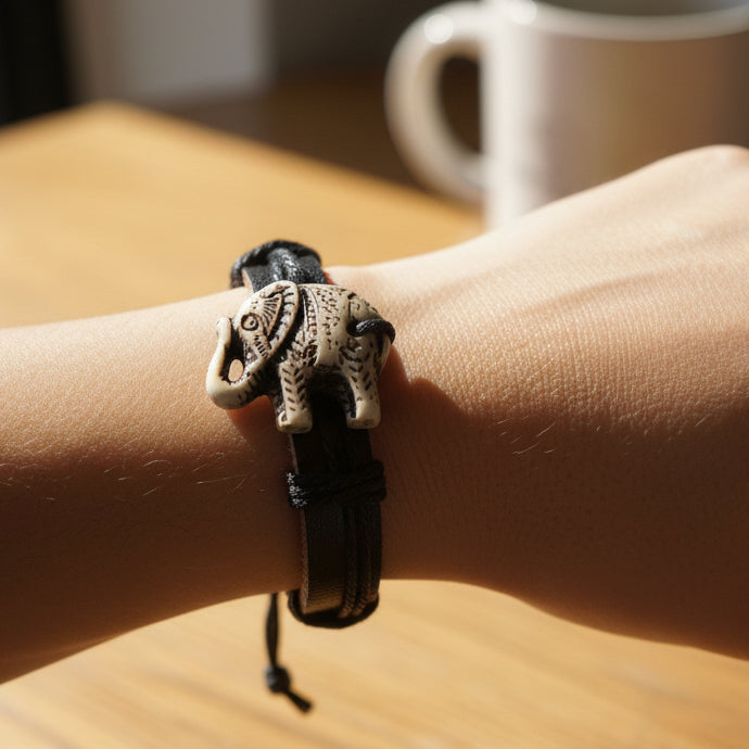 Leather Elephant Charm Adjustable Bracelet
